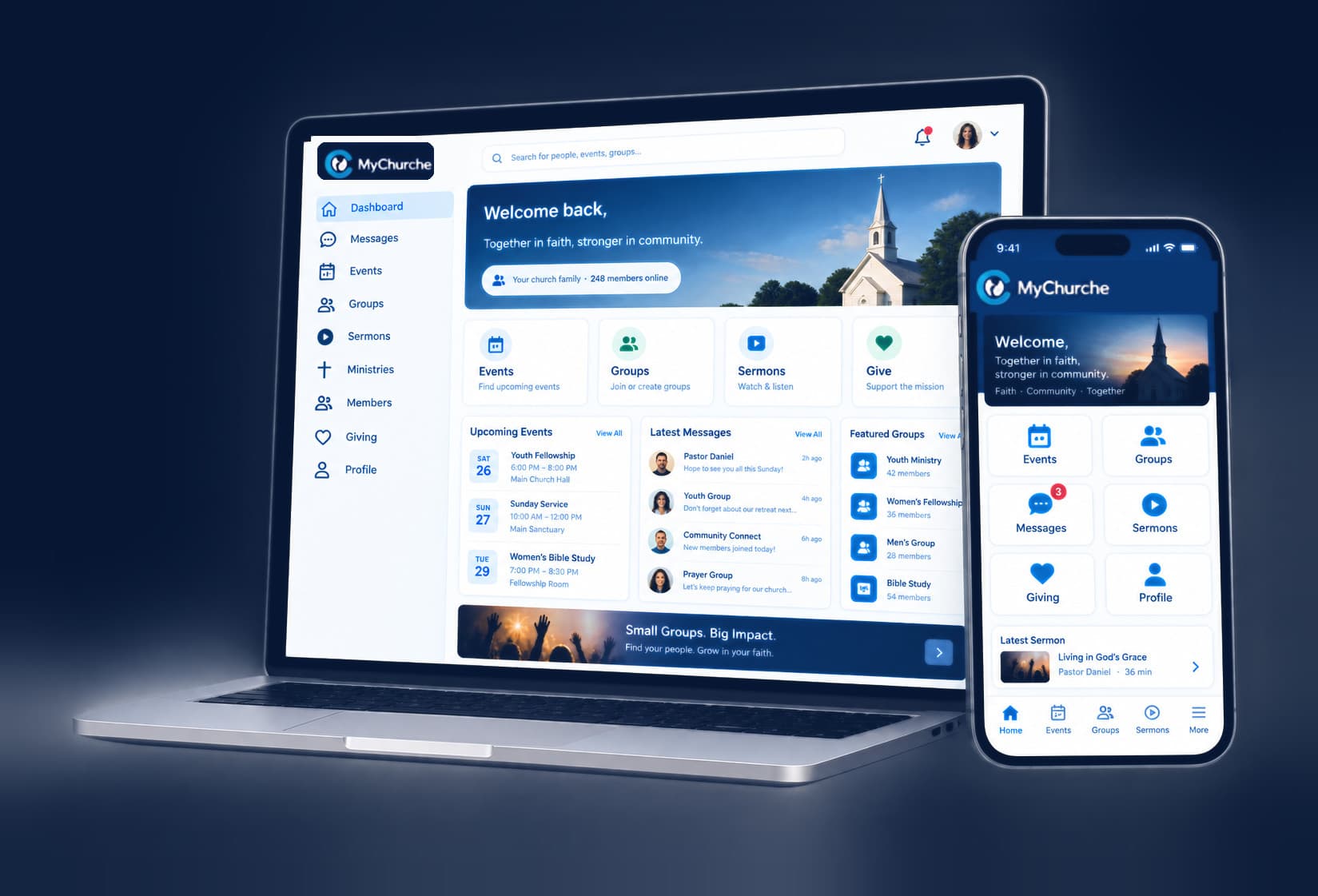 The MyChurche platform on a laptop beside the MyChurche app on a phone