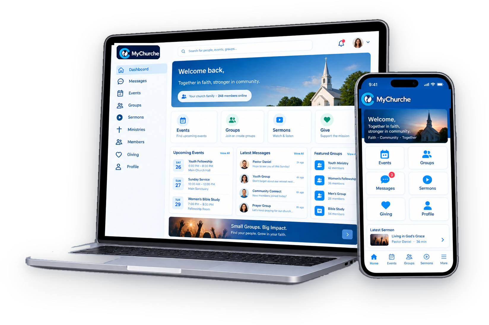 The MyChurche platform on a laptop beside the MyChurche app on a phone